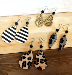 Black & White Stripe Tear Drop Earrings with Lava Rock