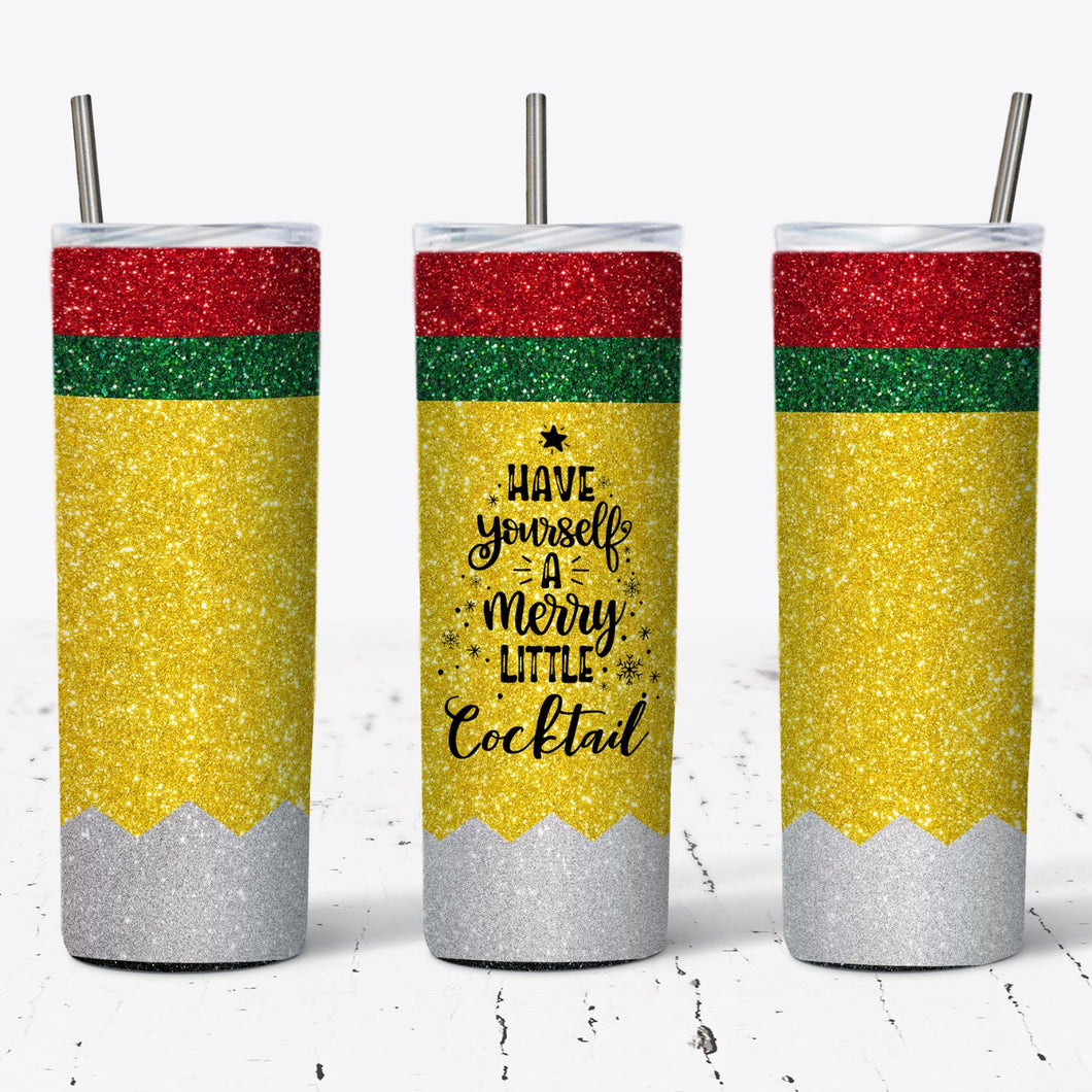 Merry Cocktail Pencil Style Tumbler w/ Lid & Straw