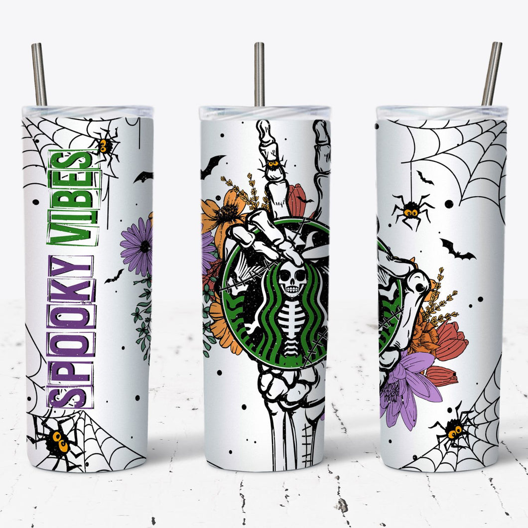 Spooky Vibes Skeleton Hand Coffee Style Tumbler w/ Lid & Straw