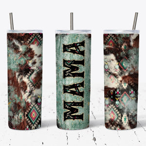 Mama Aztec, Cow, Turquoise Style Tumbler w/ Lid & Straw