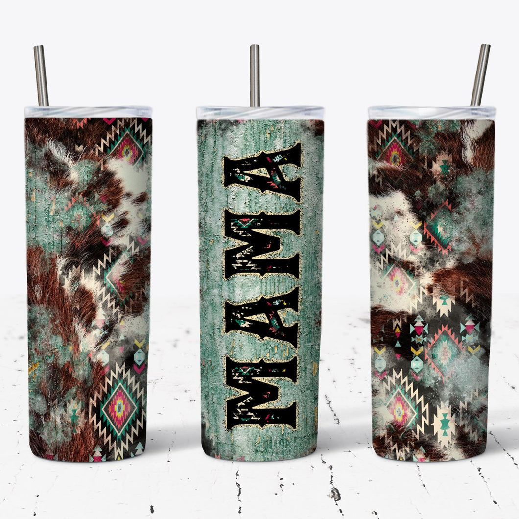 Mama Aztec, Cow, Turquoise Style Tumbler w/ Lid & Straw