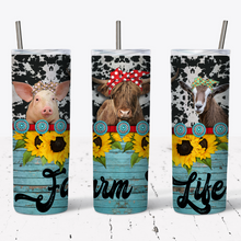 Load image into Gallery viewer, Blue Wood Grain &amp; Cowhide Farm Life Tumbler w/ Lid &amp; Straw
