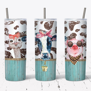 Blue Wood Grain & Cute Animal Farm Life Tumbler w/ Lid & Straw