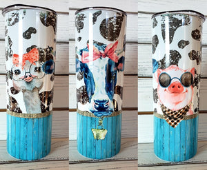 Blue Wood Grain & Cute Animal Farm Life Tumbler w/ Lid & Straw