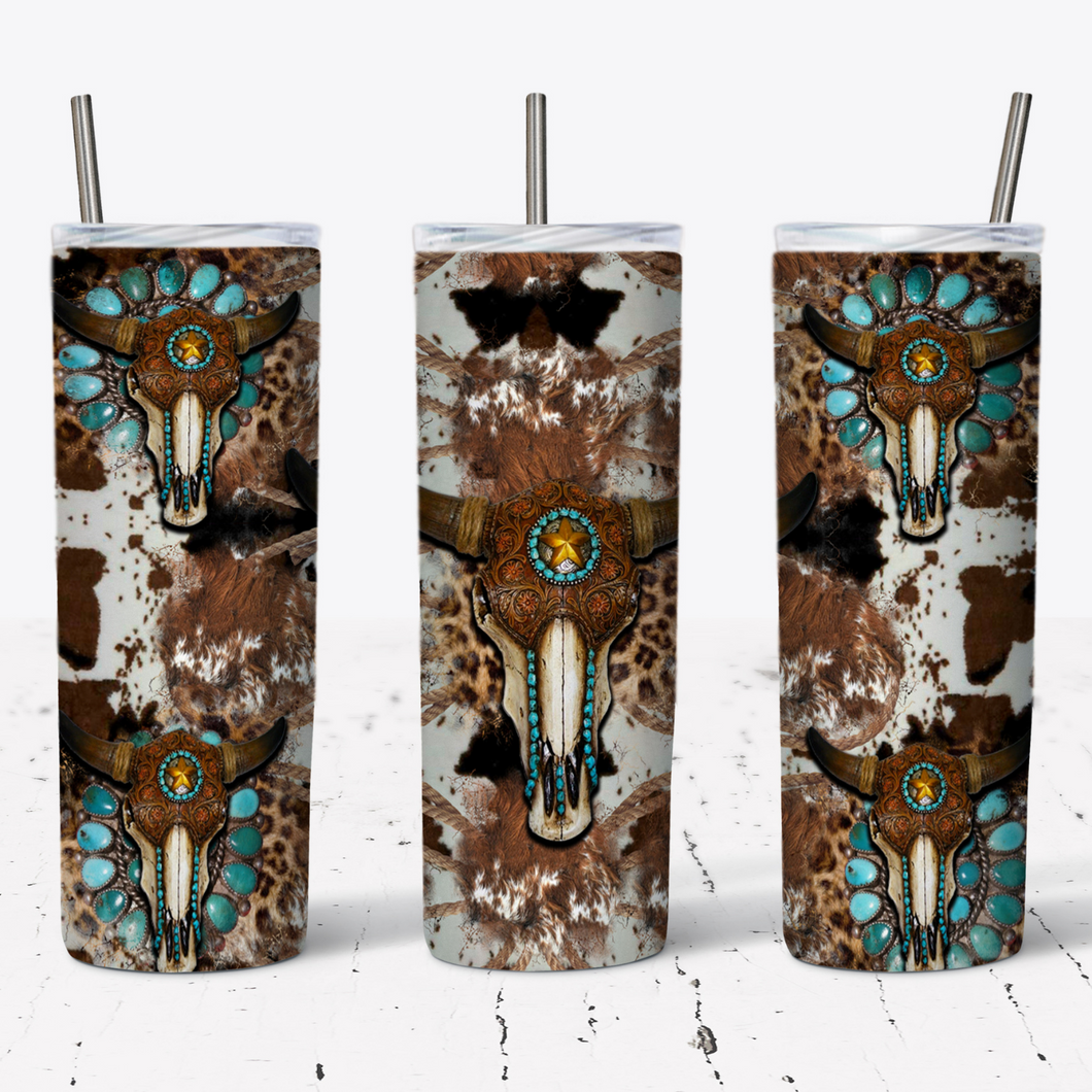 Cow Skull, Turquoise Country Style Tumbler w/ Lid & Straw