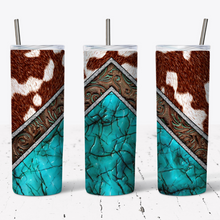 Load image into Gallery viewer, Cow Print, Tooled Leather &amp; Turquoise Country Style Tumbler w/ Lid &amp; Straw
