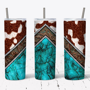 Cow Print, Tooled Leather & Turquoise Country Style Tumbler w/ Lid & Straw