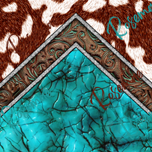 Load image into Gallery viewer, Cow Print, Tooled Leather &amp; Turquoise Country Style Tumbler w/ Lid &amp; Straw
