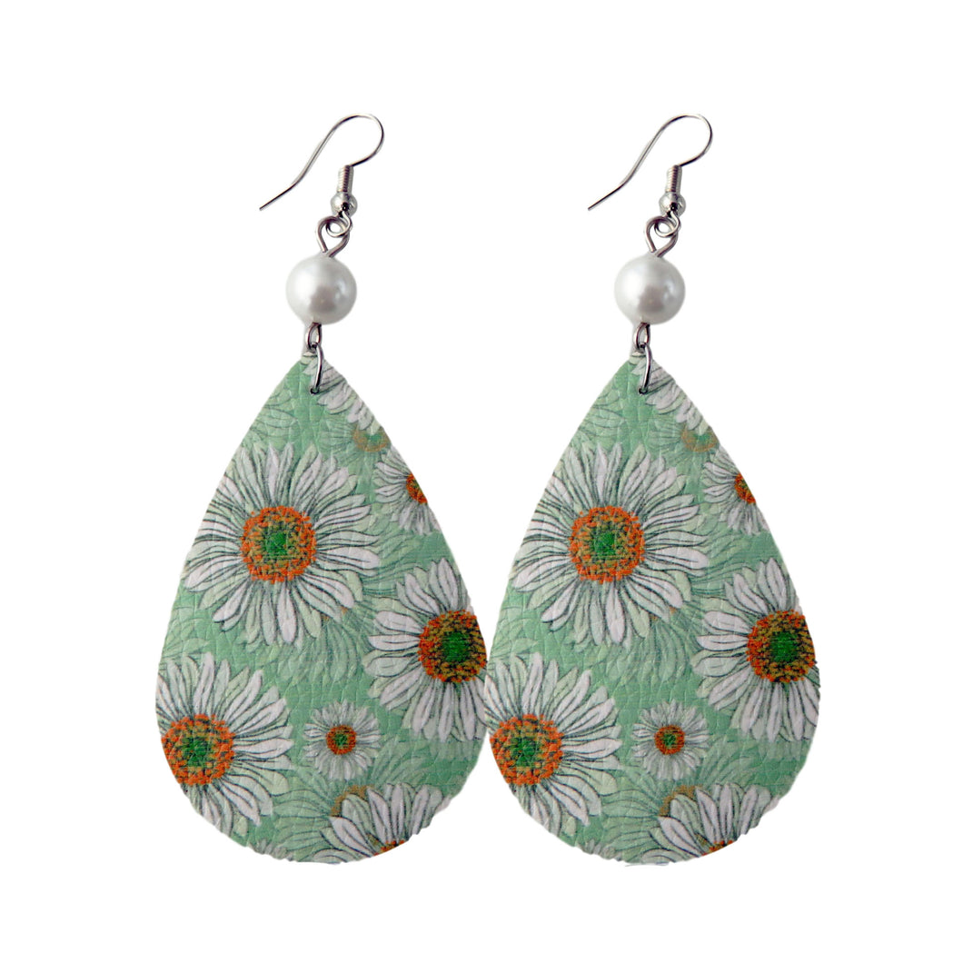 Teal Floral Tear Drop Earrings with Pearl Accent