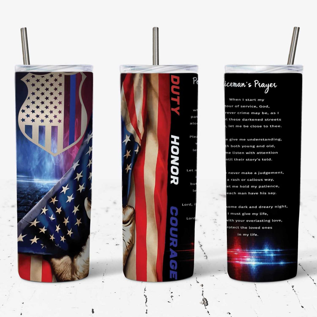 A Policemans Prayer Thin Blue Line Flag Tumbler w/ Lid & Straw